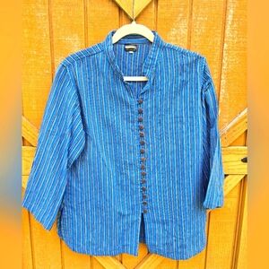Ganesh Himal Hand Woven Namaste Blue Stripe Button-Down Cotton Shirt Larhe
